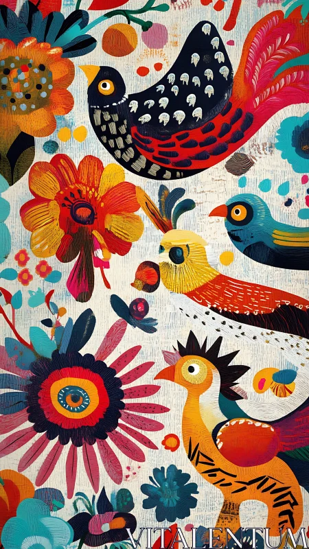 Folk birds and florals in vibrant layered digital painting.