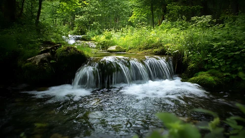 Serene woodland stream with cascading waterfall in lush greenery.