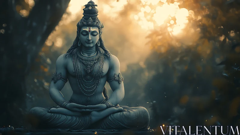 Serene stone yogi bathing in forest fireflies and sunrise glow.