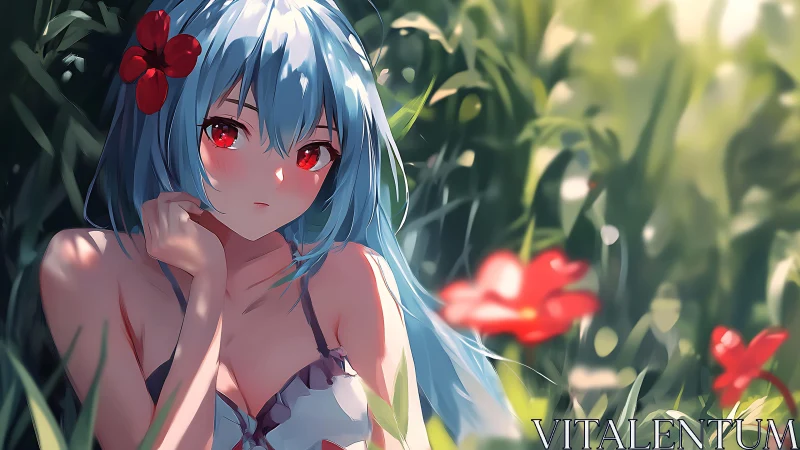 Blue-haired anime girl in floral garden under diffused sunlight
