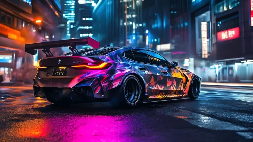 Neon-wrapped sports car glowing under vibrant city lights.