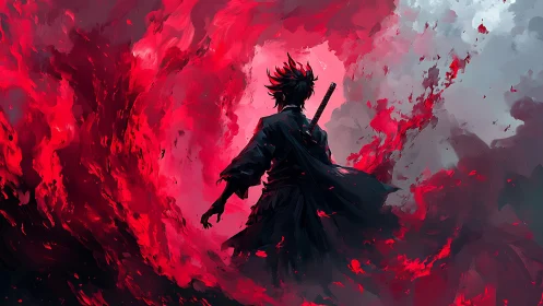 Lone wandering swordsman embraced by swirling crimson fire.