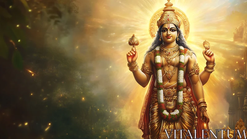 Radiant Hindu deity walks through a cosmic golden sunrise.