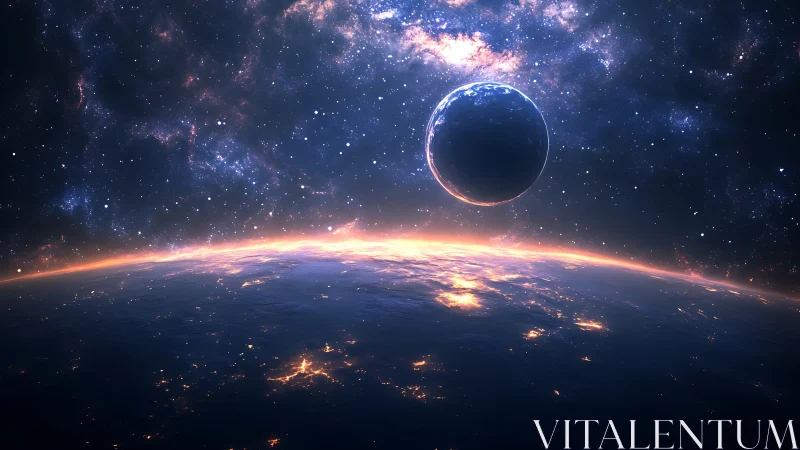 Luminous planetary horizon under distant glowing exoplanet.