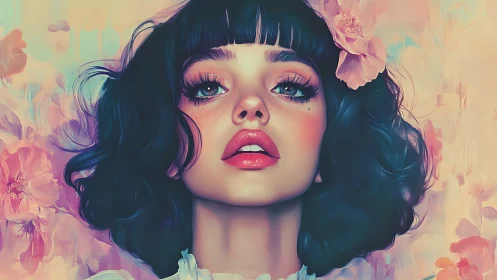 Digital portrait of dreamy woman amid pastel blossoms.