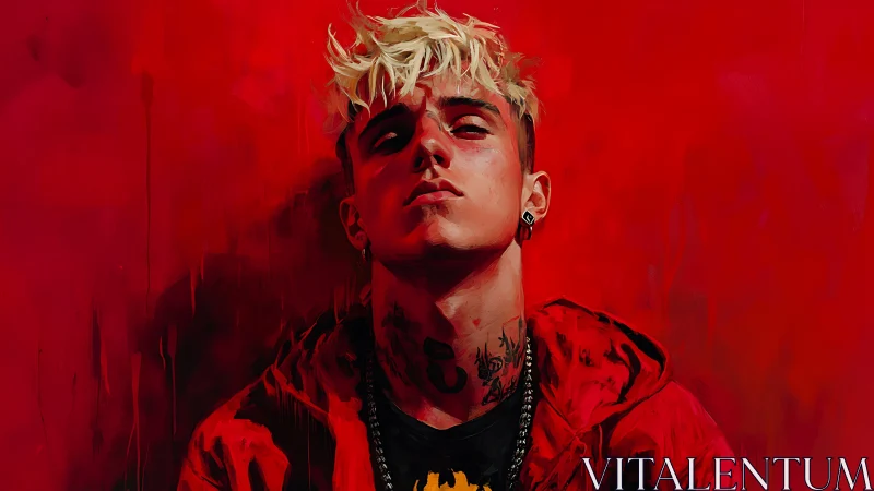 Tattooed youth portrait against saturated red painterly field