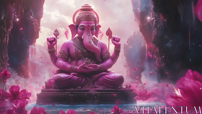 Divine pink Ganesha statue amid glowing lotus misted canyon.
