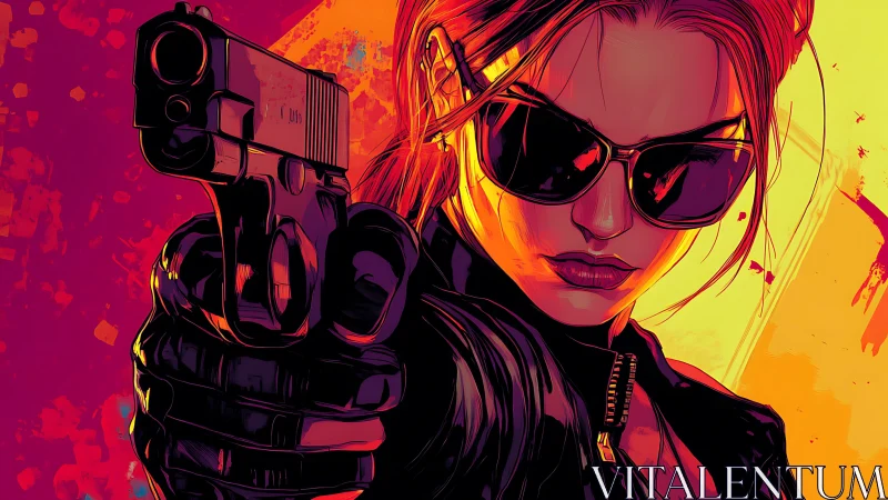 Neon hitwoman portrait aiming pistol in bold vector noir.