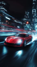 Scarlet supercar streaks through a neon lit midnight city