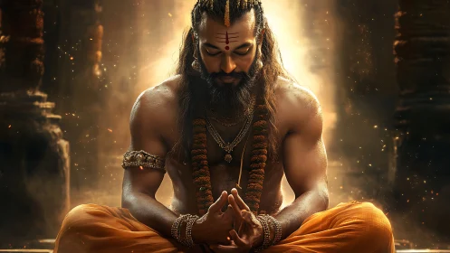 Ascetic yogi in luminous temple ambience meditates in stillness
