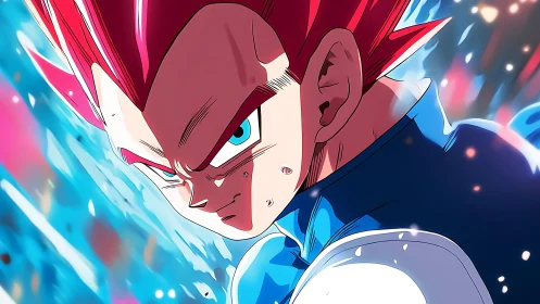Intense red‑haired warrior in dynamic blue energy aura.