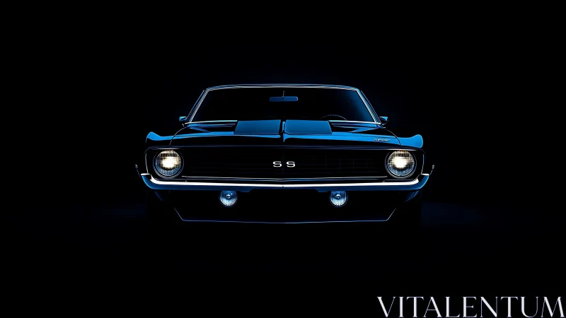 Front view classic muscle car isolated on dark background