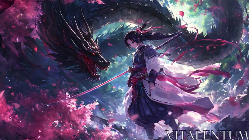 Blossom-lit samurai with serpentine dragon in dynamic standoff.