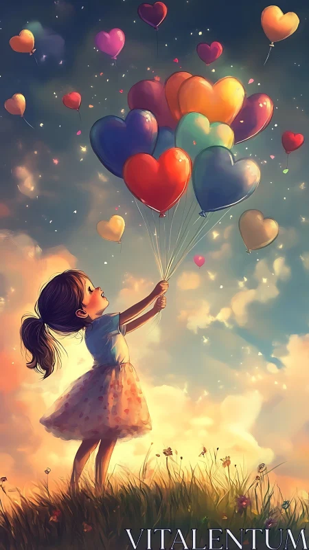 Figure Holding Colorful Heart-Shaped Balloons in Sky.