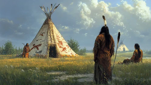 Indigenous hunters study plains sky near painted tipi camp.