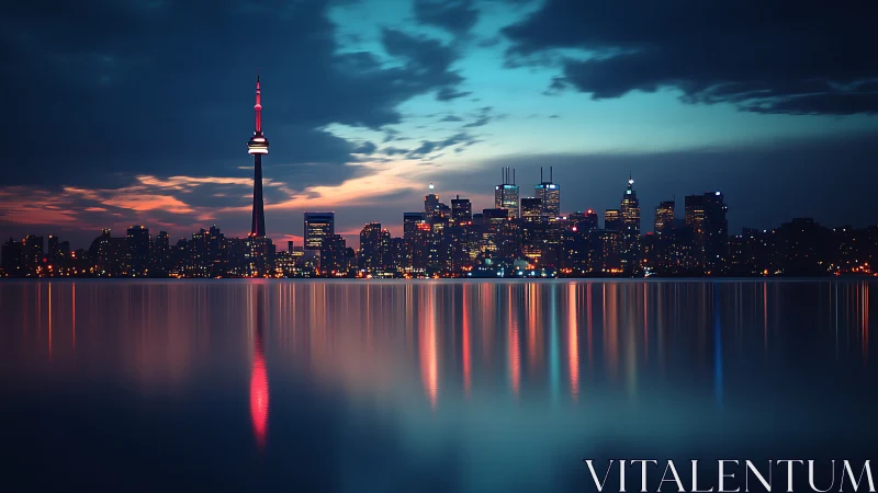 City skyline at dusk with soft lights reflected on water.