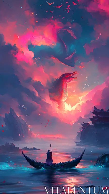 Fantasy river voyage under luminous dragonstorm sky.