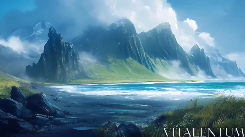 Dramatic Mountain Coastline With Towering Peaks.