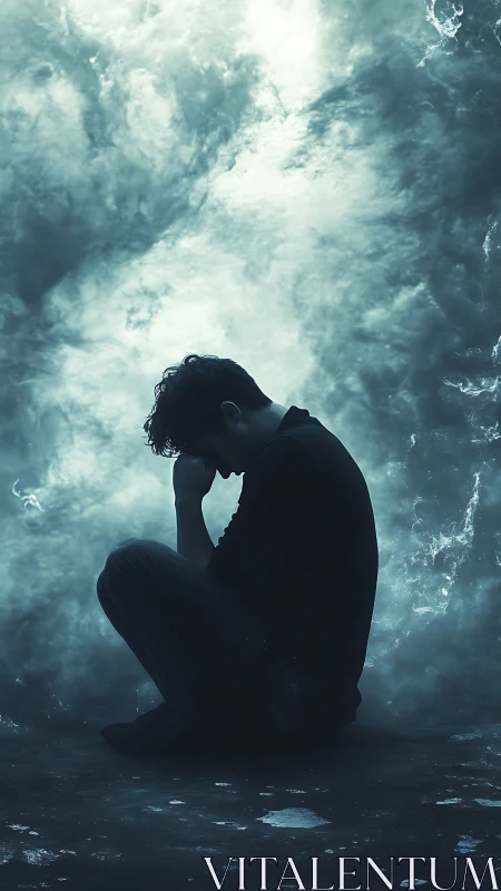 Silhouetted figure in stormlit mist conveying inner turmoil.