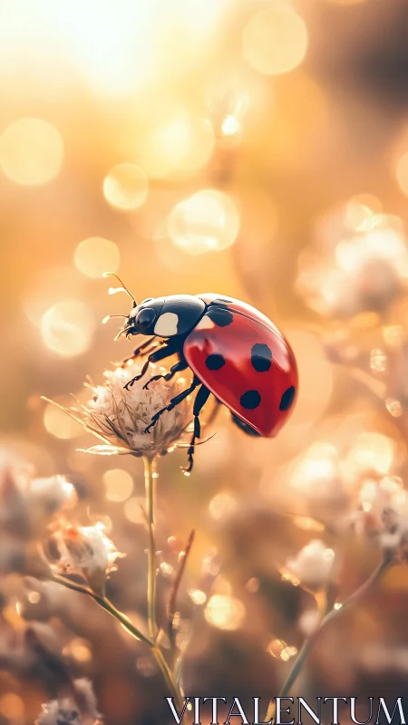 Ladybug rests on wildflower with soft golden bokeh light
