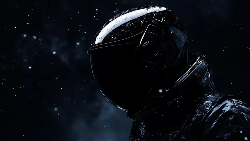 Low-key illuminated extravehicular suit in deep space portrait.
