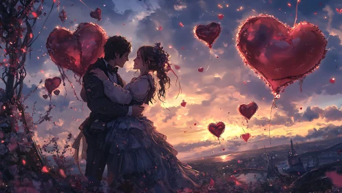 Lovers Amid Floating Heart Balloons at Sunset.