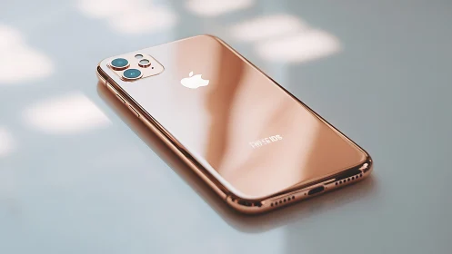 Rose gold iPhone 11 with dual camera setup positioned at angle.