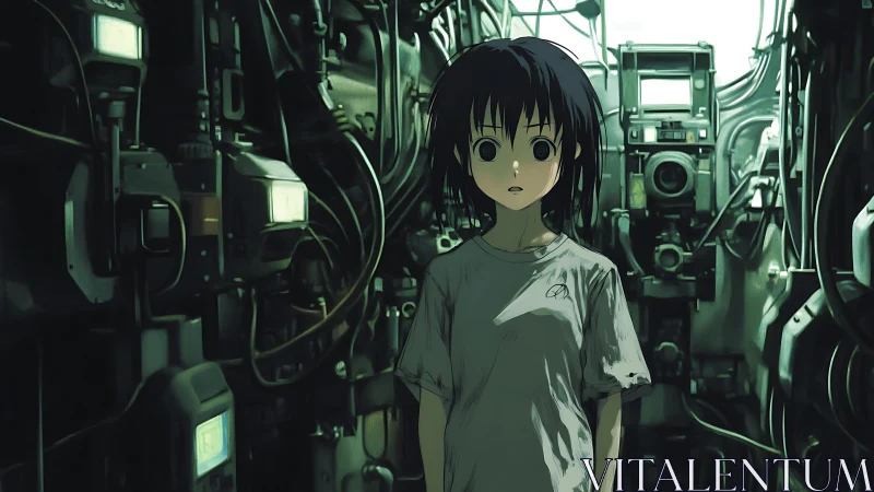 Quiet anime girl in a maze of humming cyber machines.