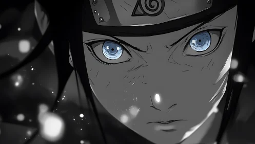 Intense anime close-up isolates determined blue-eyed gaze