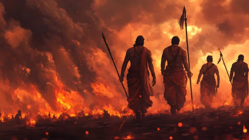 Warriors stride through inferno under storm-wracked skies.