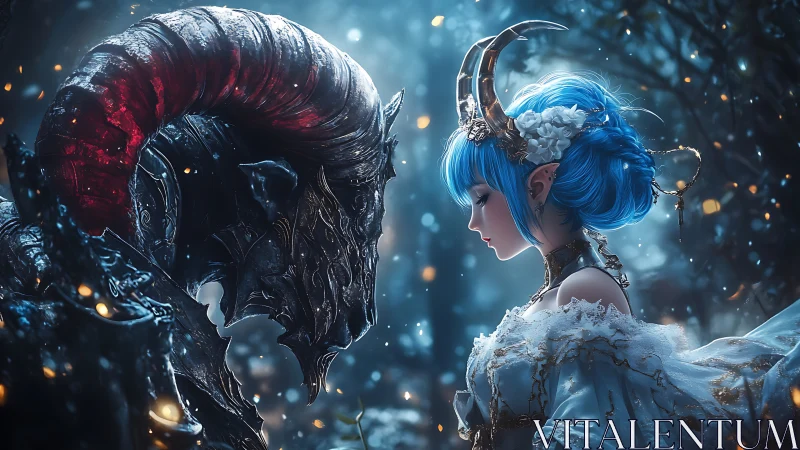 Moonlit truce between demon knight and blue-haired fae bride.