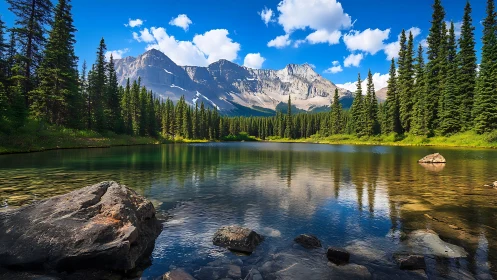 Mountain lake reflects pine forest under vivid summer sky