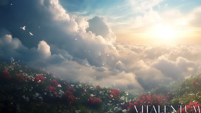 Sunlit cloud meadow where wildflowers kiss the sky.