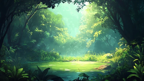 Enchanted Forest Clearing with Radiant Sunlit Glade.