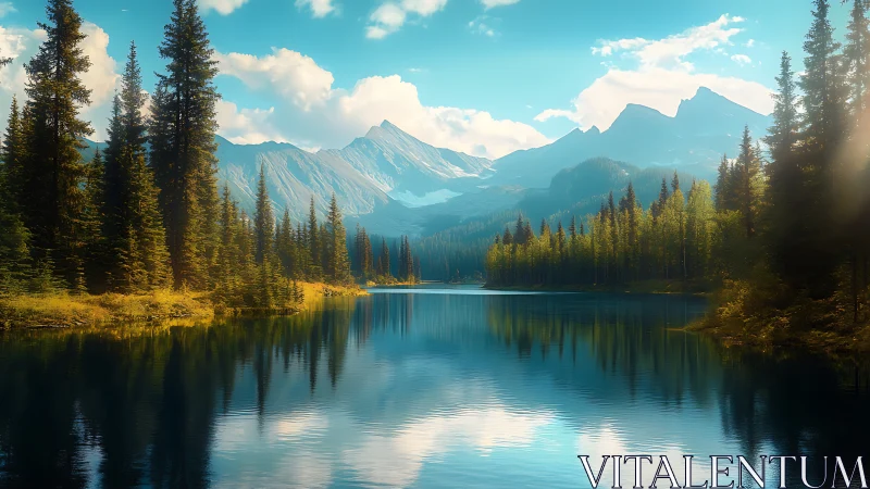 Luminous alpine lake vista with conifer symmetries in Digital painting.