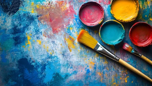 Vibrant Abstract Art Background with Paintbrushes and Colorful Paints.