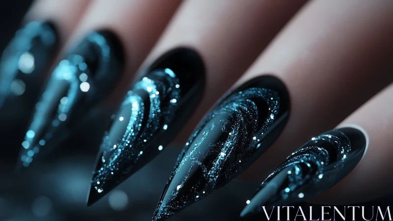 Stiletto galaxy nails shimmer with deep midnight sparkle glow
