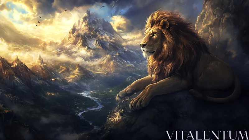 Lion rests on rocky ledge overlooking vast mountain valley