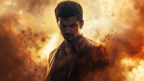 Intense male portrait emerging through cinematic fiery haze.