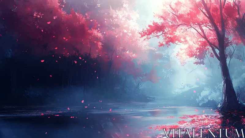 Crimson forest river under ethereal blue morning light.