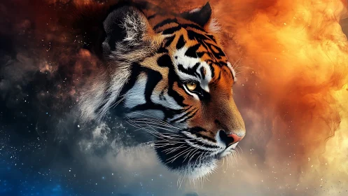 Majestic tiger head emerges between fire and stardust clouds.
