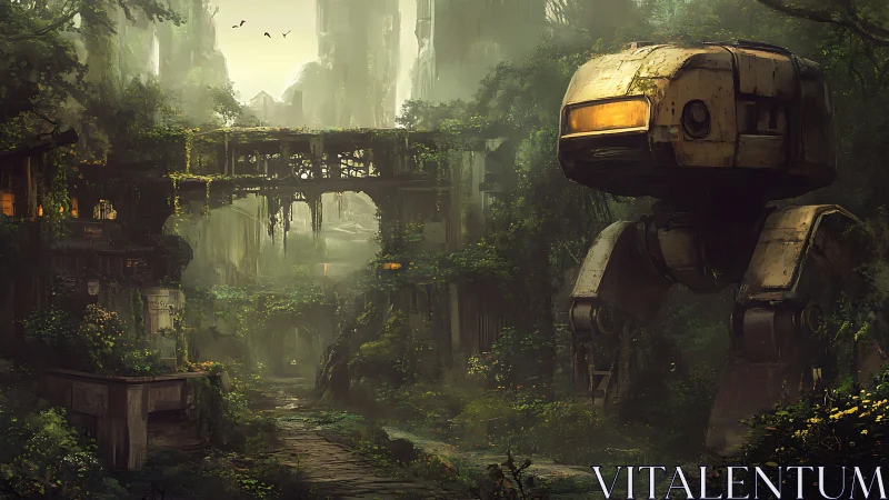 Overgrown quadruped mech surveys decayed elevated concrete span