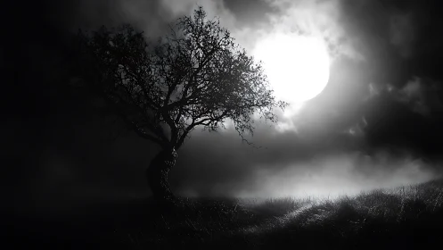 Lonely moonlit tree stands quietly on a misty night hill