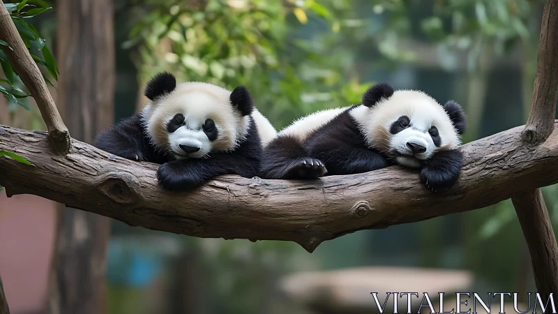 Two giant panda cubs resting on a tree branch in habitat.