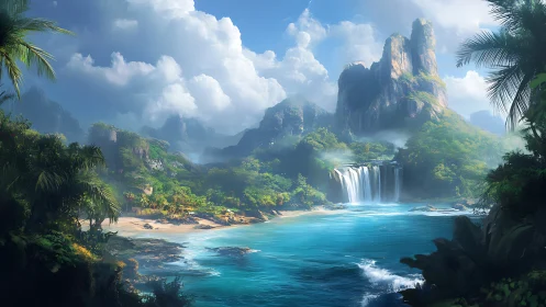 Tropical Paradise Landscape with Towering Cliffs and Waterfall