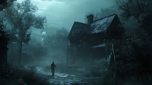 Moody lone figure crossing misty lane beside decayed house.