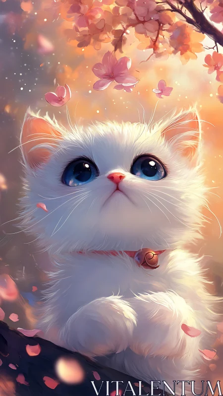 Luminous Kitty Enchanted by Floating Petals and Warm Glow