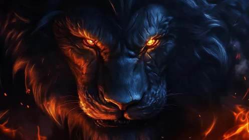 Fiery-eyed lion portrait in blue-orange dual lighting.