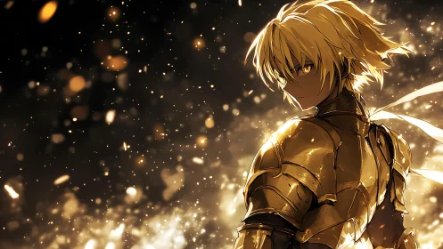 Golden armored warrior amid luminous ember storm.