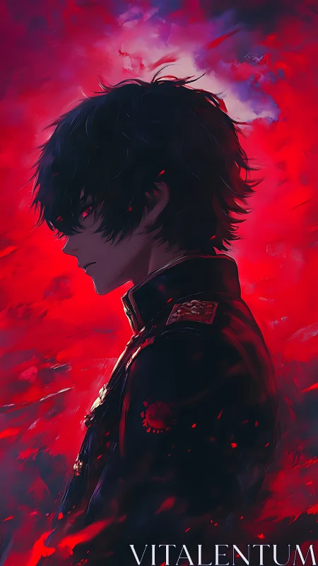 Brooding anime hero framed by swirling crimson skies.